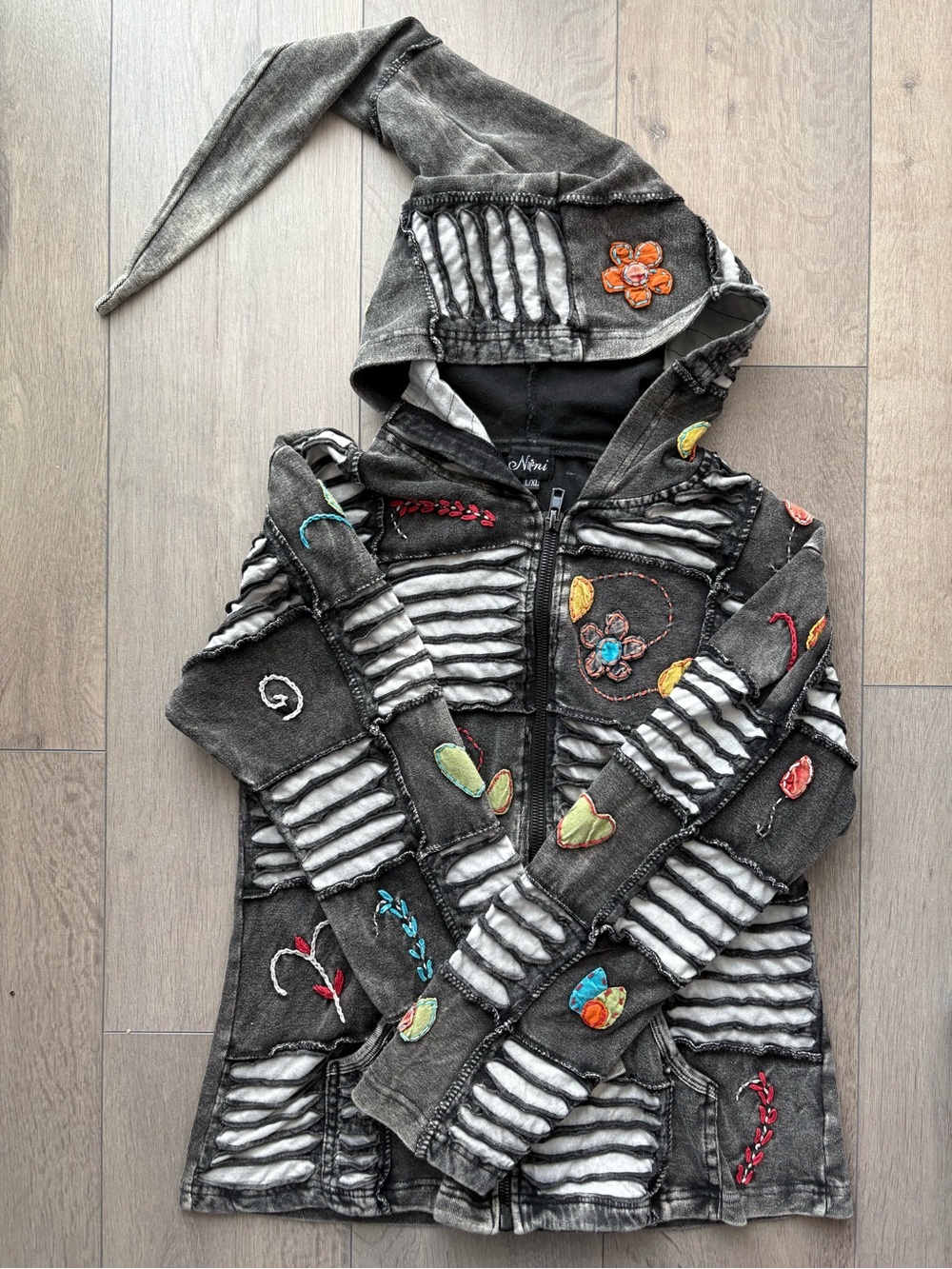 Nini Black Washed Zip Hoodie with Embroidered Accents- Size L / XL